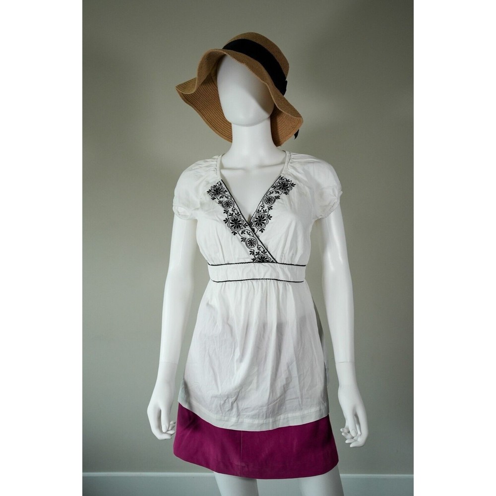 Motherhood Maternity Small Top White Blouse Black Embroidery Short Sleeve